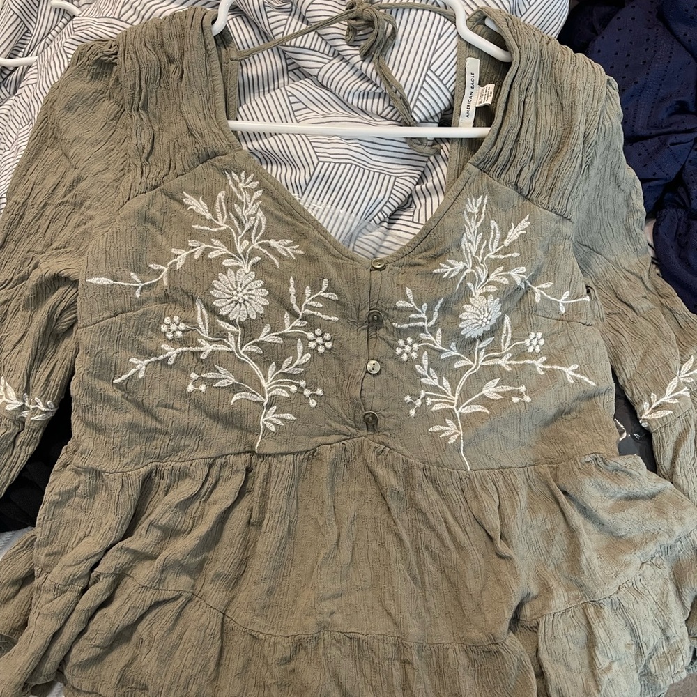 American Eagle Outfitters Green Embellished Peplum Blouse